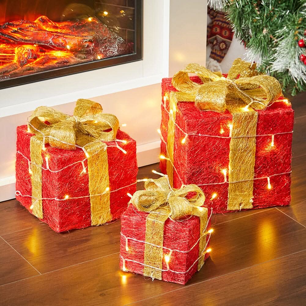 Pre-Lit Golden Christmas Gift Box Set with Warm Lights