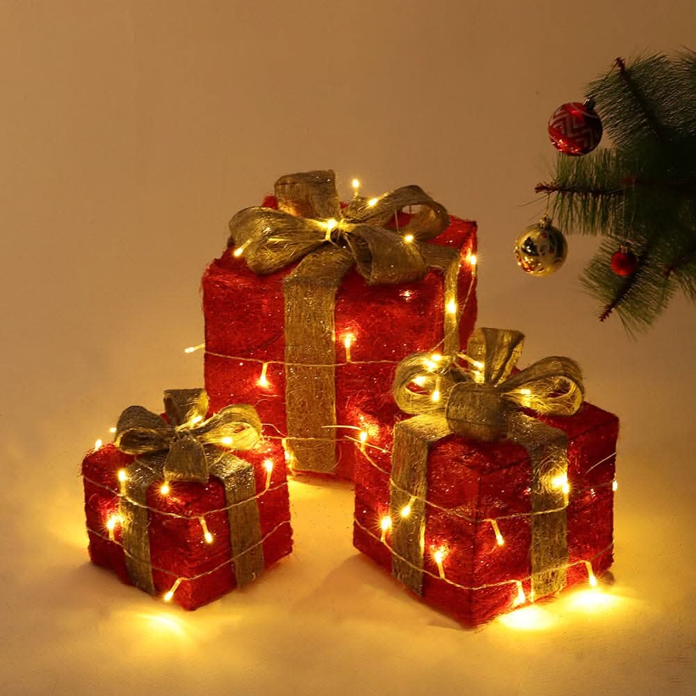 Pre-Lit White Christmas Gift Box Set with Warm Lights