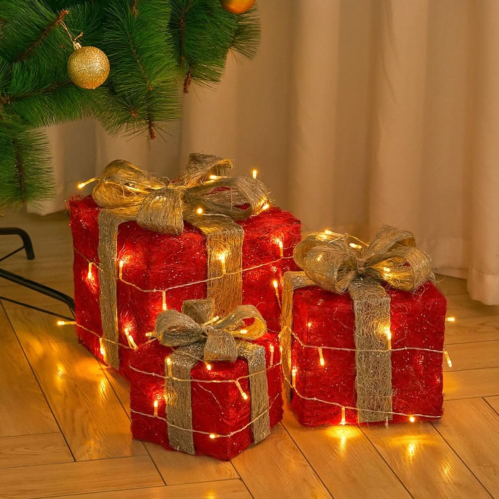 Pre-Lit White Christmas Gift Box Set with Warm Lights