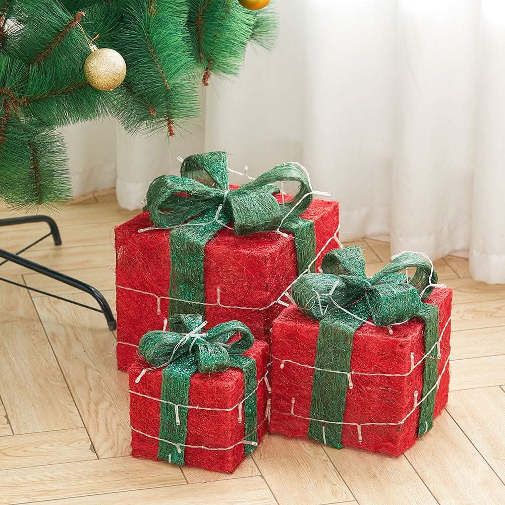 Pre-Lit Green Christmas Gift Box Set with Warm Lights