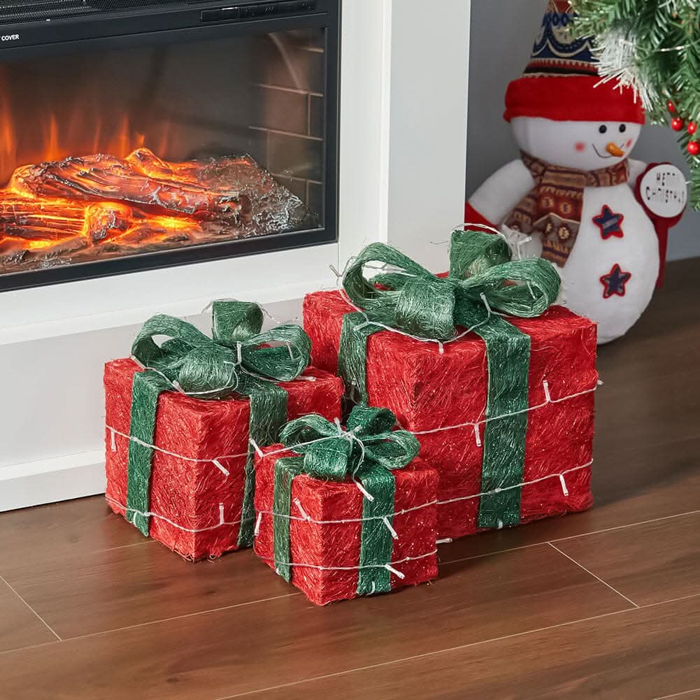 Pre-Lit Green Christmas Gift Box Set with Warm Lights