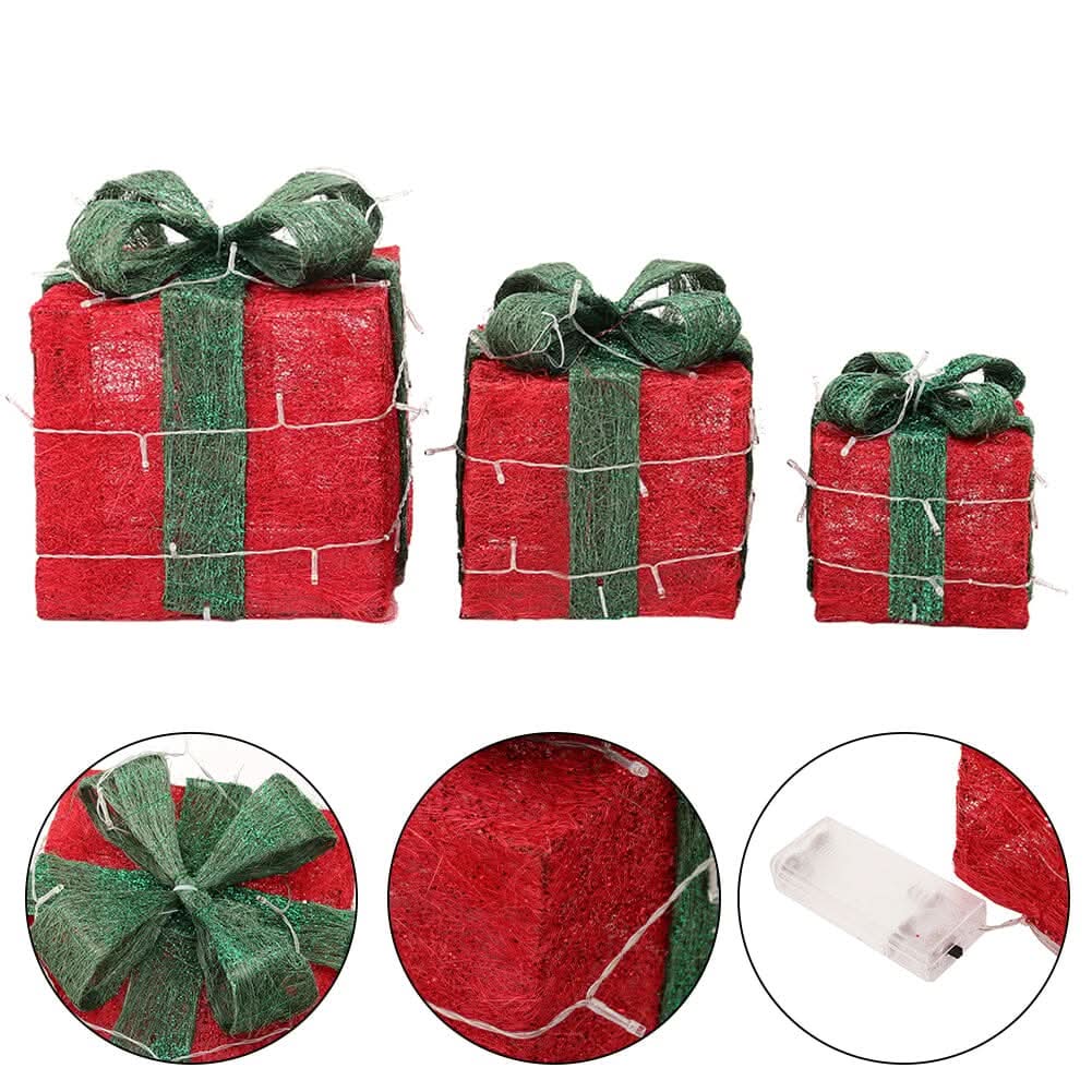 Pre-Lit Green Christmas Gift Box Set with Warm Lights