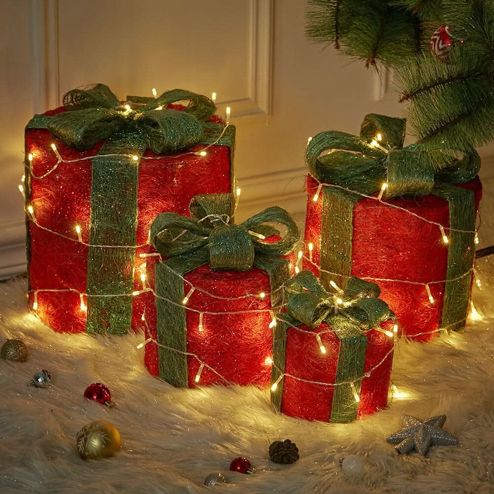 Christmas Gift Box Set with LED Lights - 4 Pieces (15/20/25/30cm)