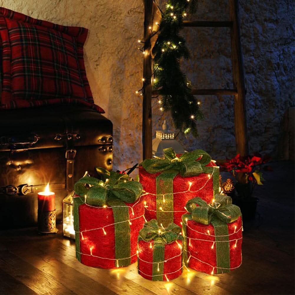 Christmas Gift Box Set with LED Lights - 4 Pieces (15/20/25/30cm)