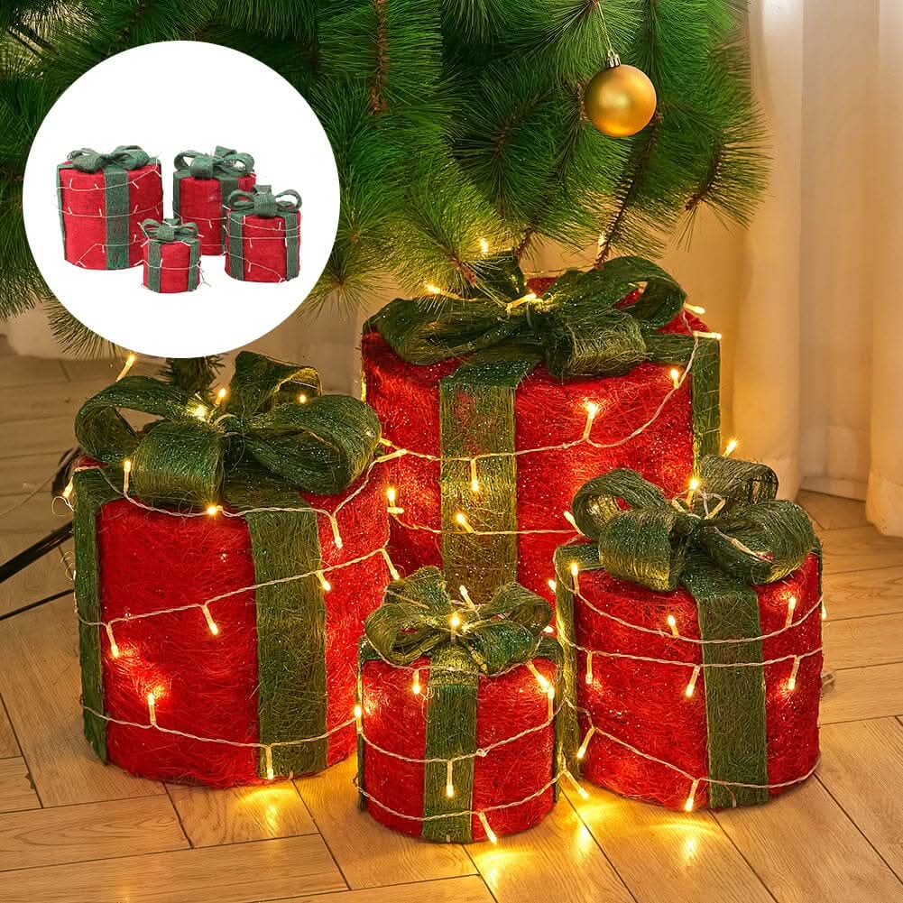 Christmas Gift Box Set with LED Lights - 4 Pieces (15/20/25/30cm)