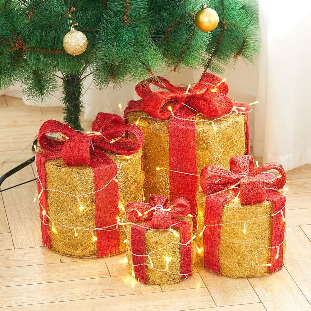 4-Piece Lighted Gold Jute Christmas Round Ornaments (15/20/25/30cm)