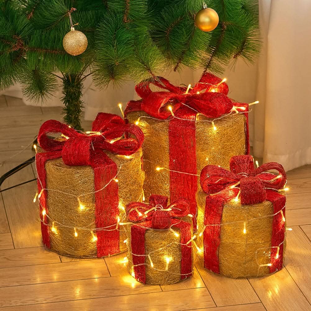 4-Piece Lighted Gold Jute Christmas Round Ornaments (15/20/25/30cm)