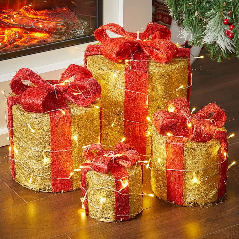 4-Piece Lighted Gold Jute Christmas Round Ornaments (15/20/25/30cm)