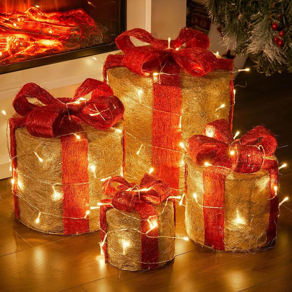 4-Piece Lighted Gold Jute Christmas Round Ornaments (15/20/25/30cm)