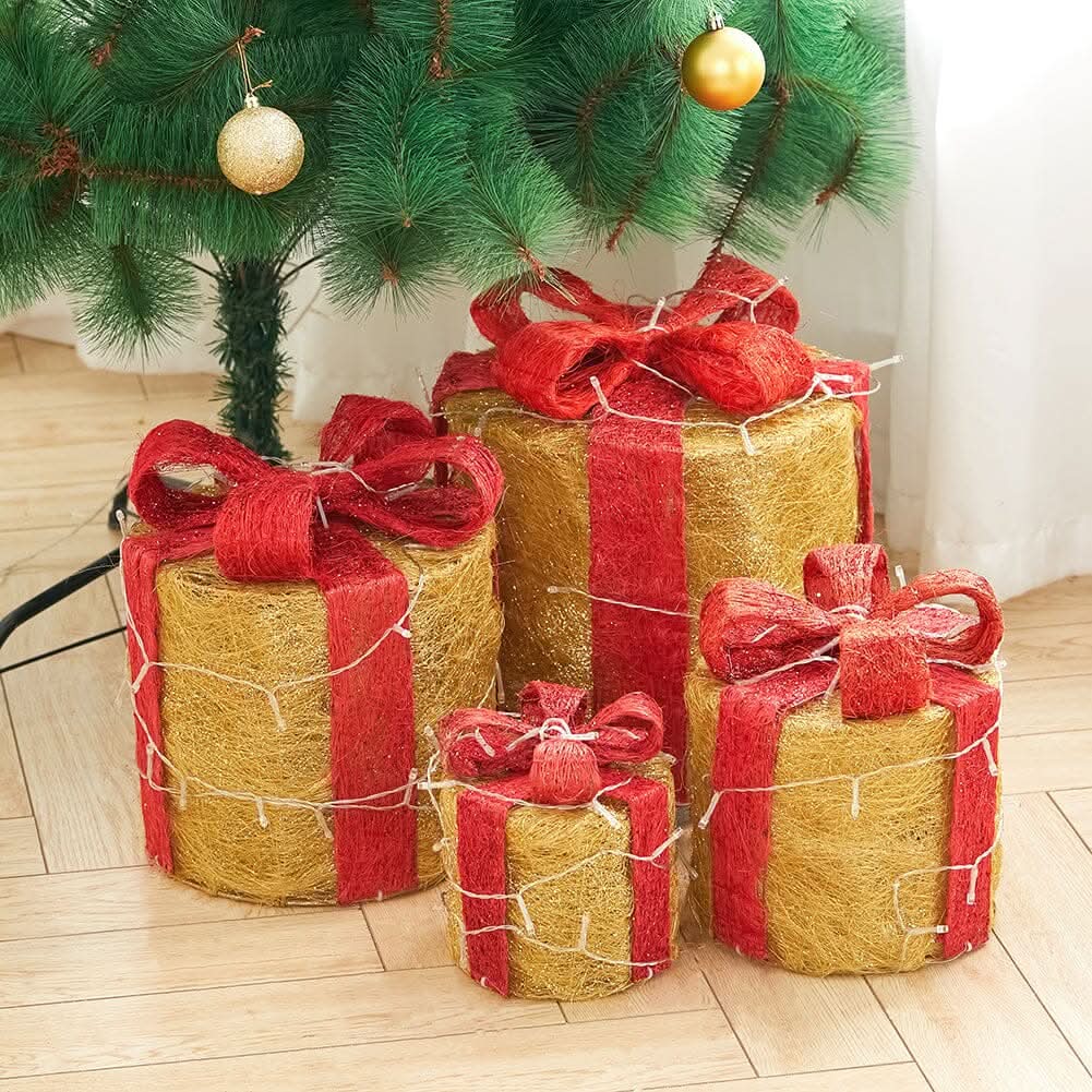 4-Piece Lighted Gold Jute Christmas Round Ornaments (15/20/25/30cm)
