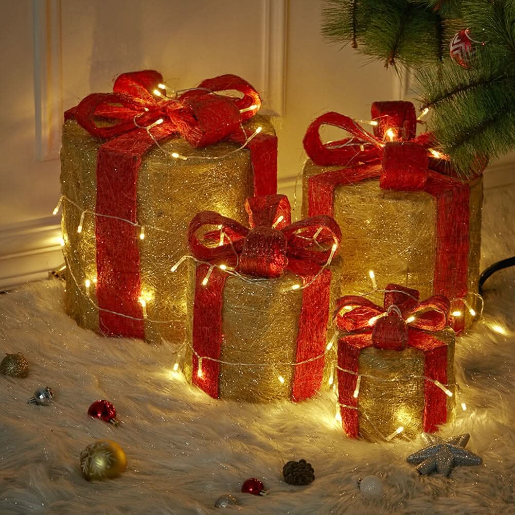 4-Piece Lighted Gold Jute Christmas Round Ornaments (15/20/25/30cm)