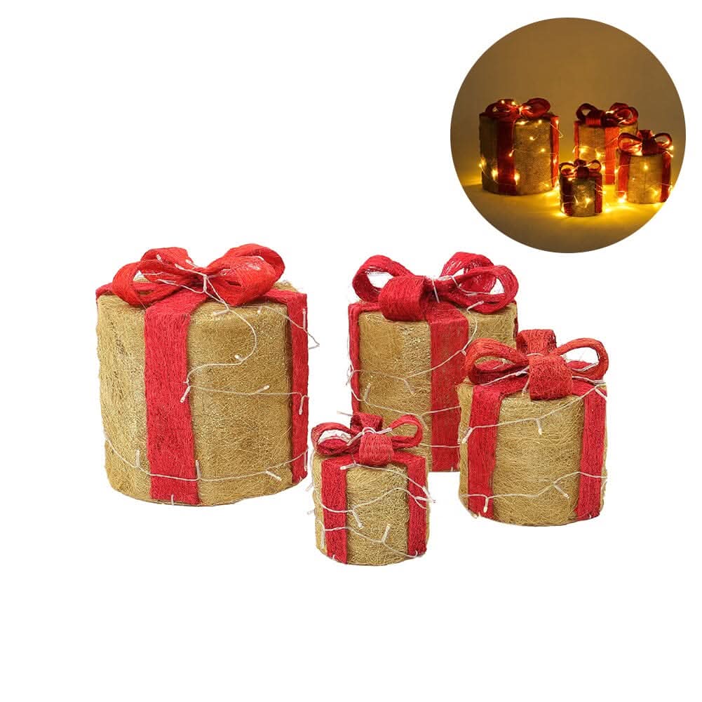 4-Piece Lighted Gold Jute Christmas Round Ornaments (15/20/25/30cm)