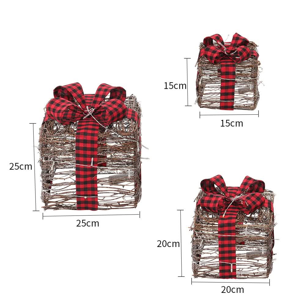 Pre-Lit Woven Christmas Gift Box Set with Checked Bows