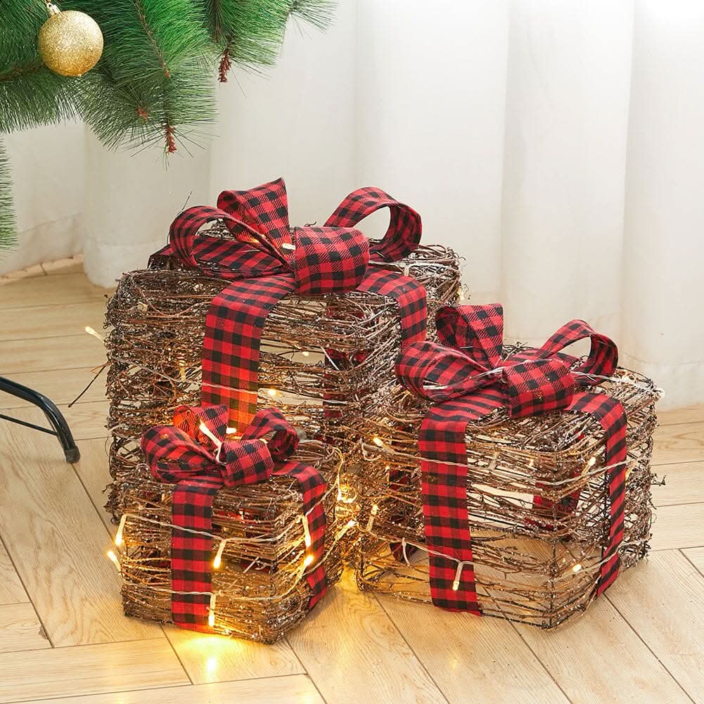 Pre-Lit Woven Christmas Gift Box Set with Checked Bows