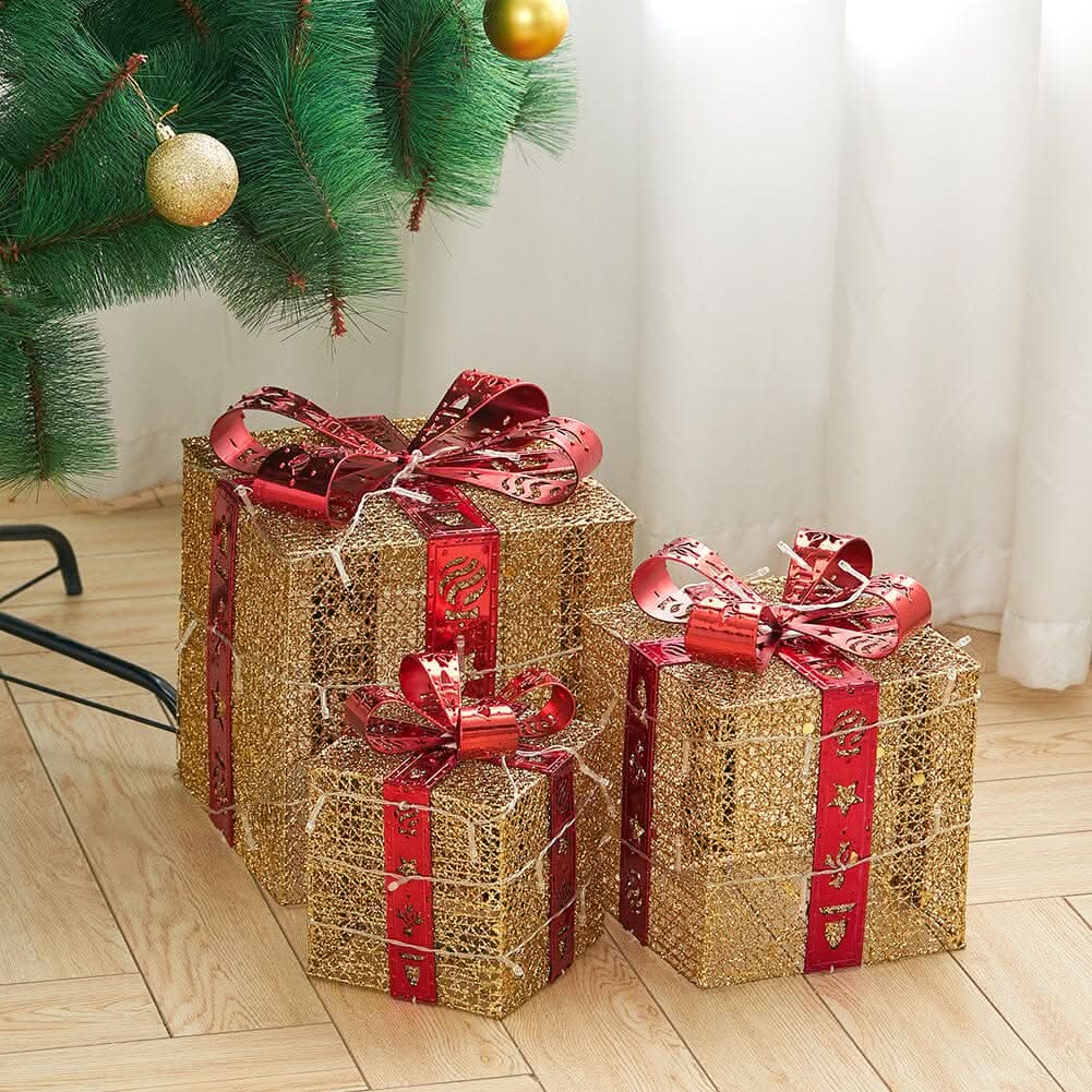 3pcs Christmas Gift Box Accessories Set with Light Strips-Golden Box