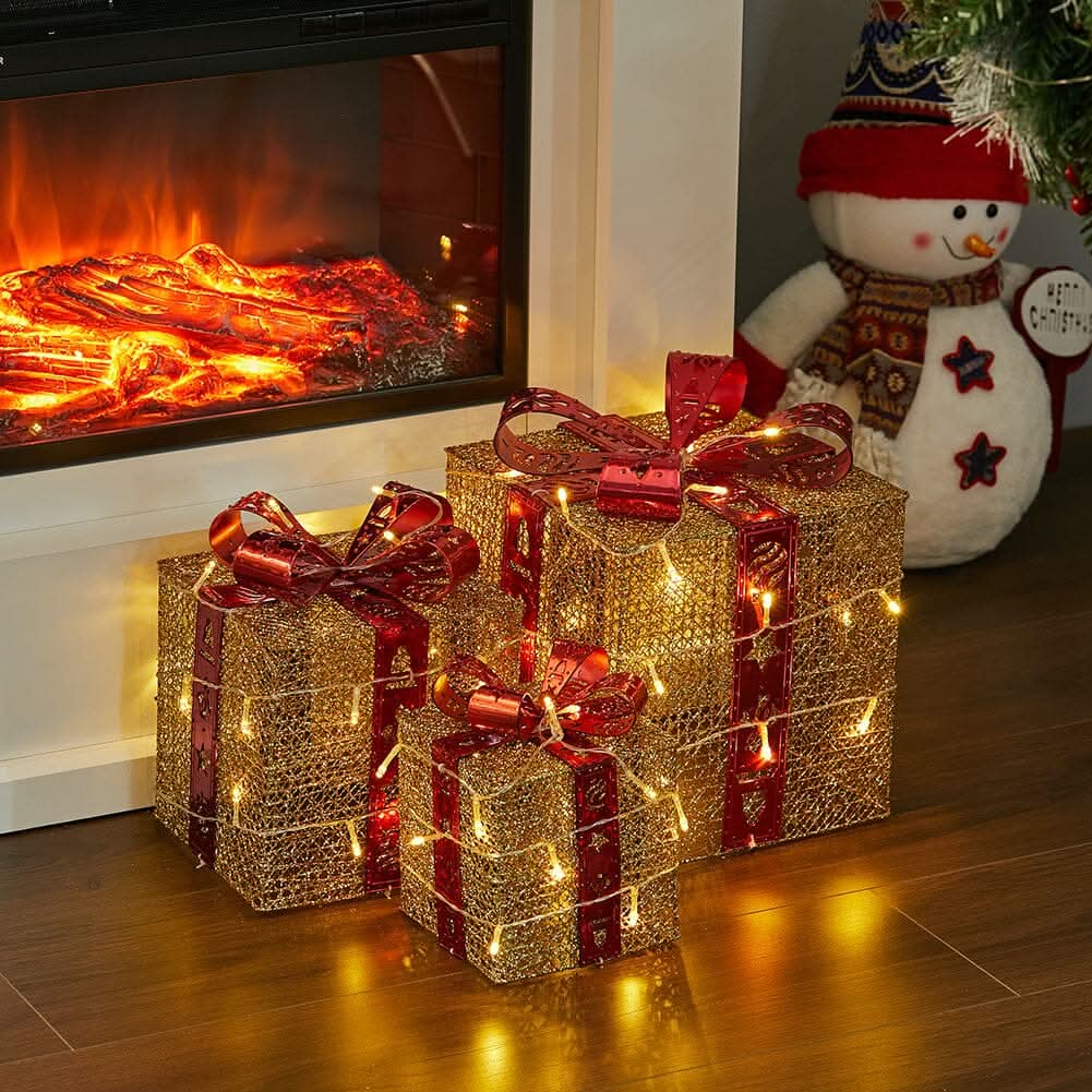 3pcs Christmas Gift Box Accessories Set with Light Strips-Golden Box