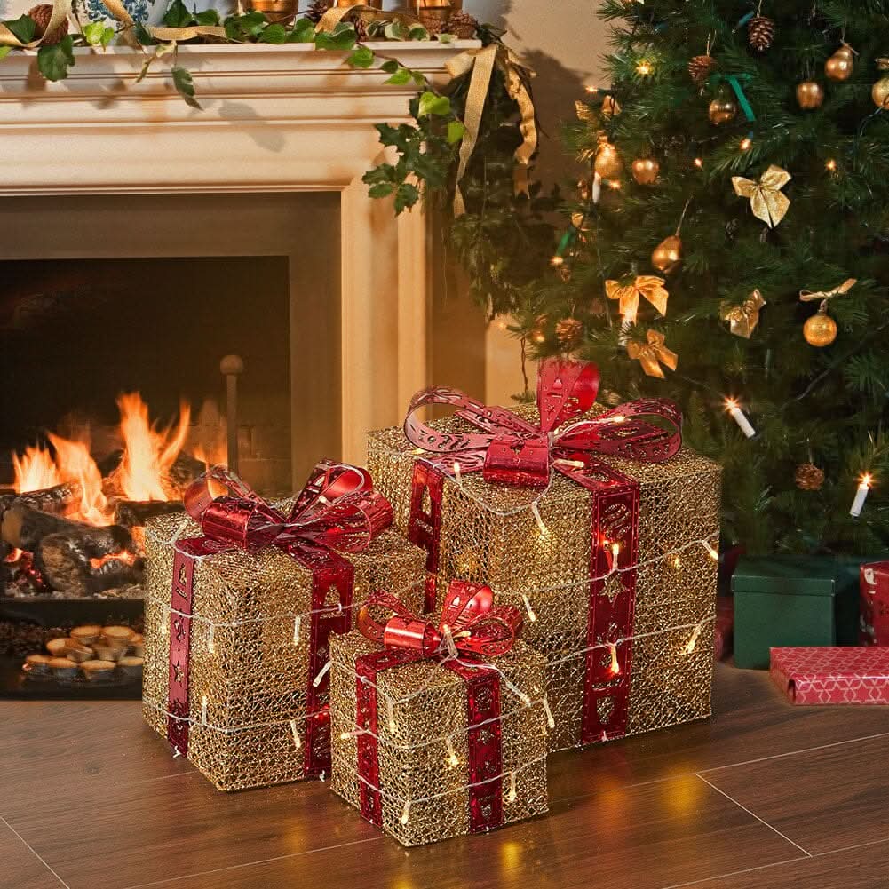 3pcs Christmas Gift Box Accessories Set with Light Strips-Golden Box