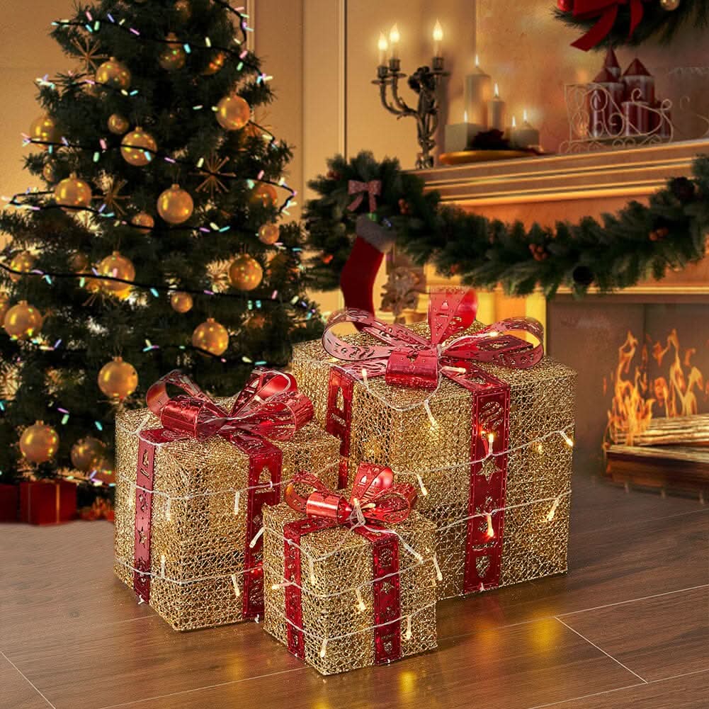 3pcs Christmas Gift Box Accessories Set with Light Strips-Golden Box
