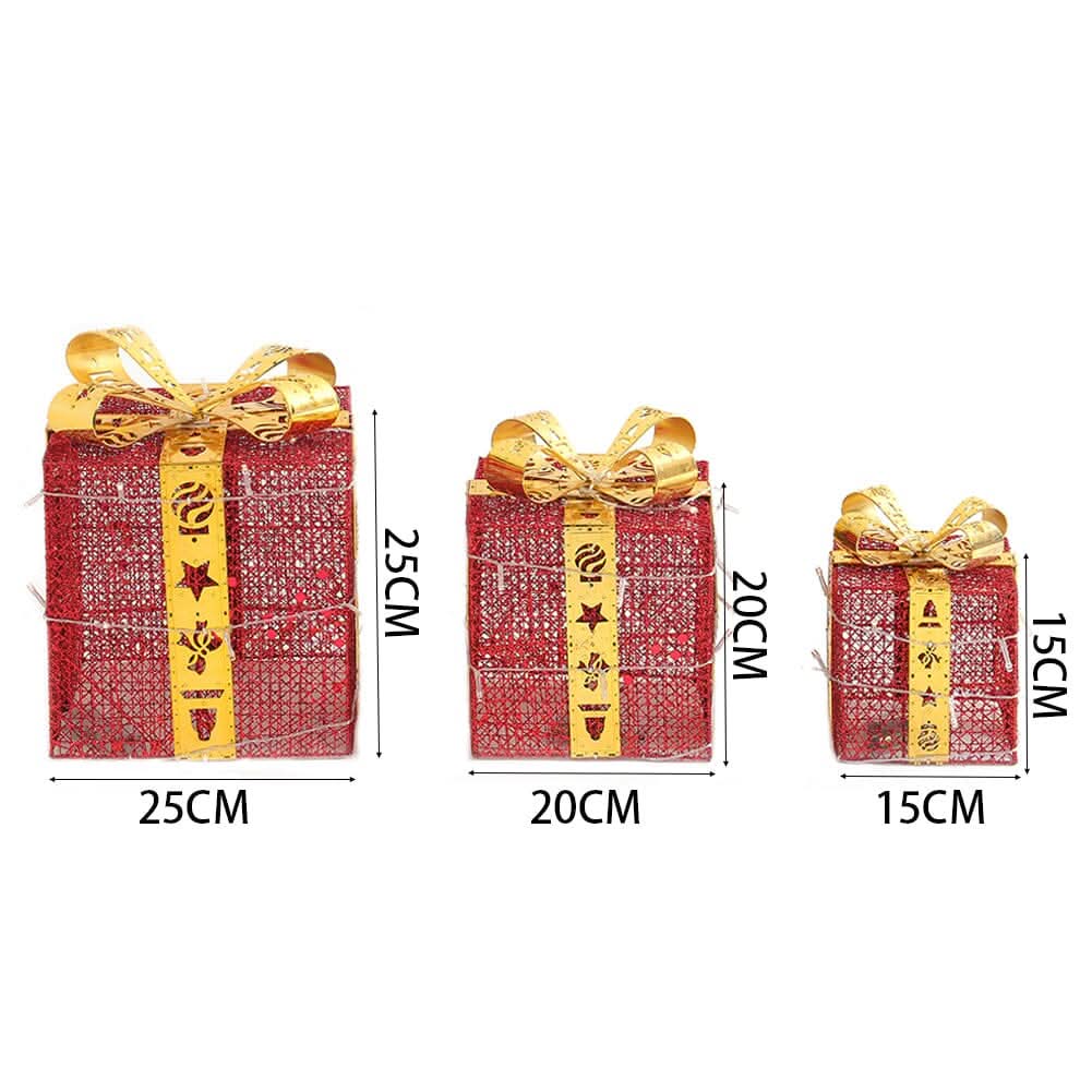 3pcs Christmas Gift Box Accessories Set with Light Strips-Red Box