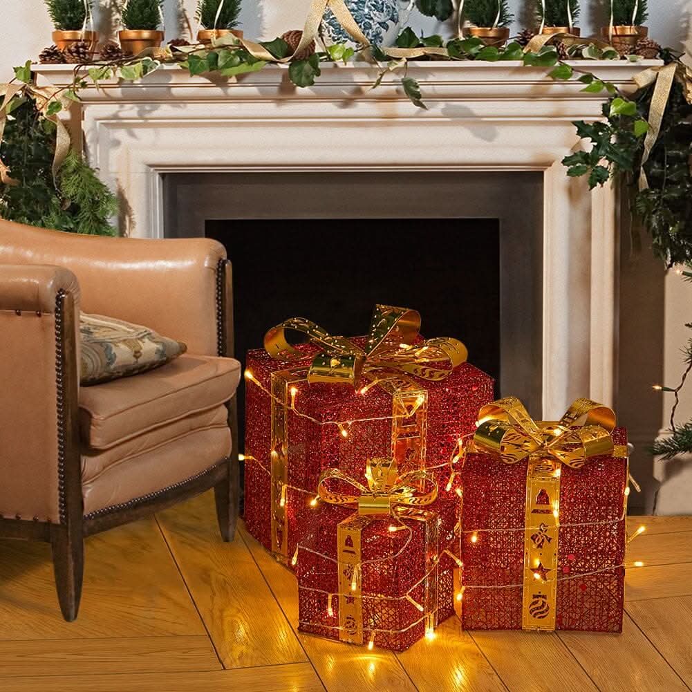 3pcs Christmas Gift Box Accessories Set with Light Strips-Red Box