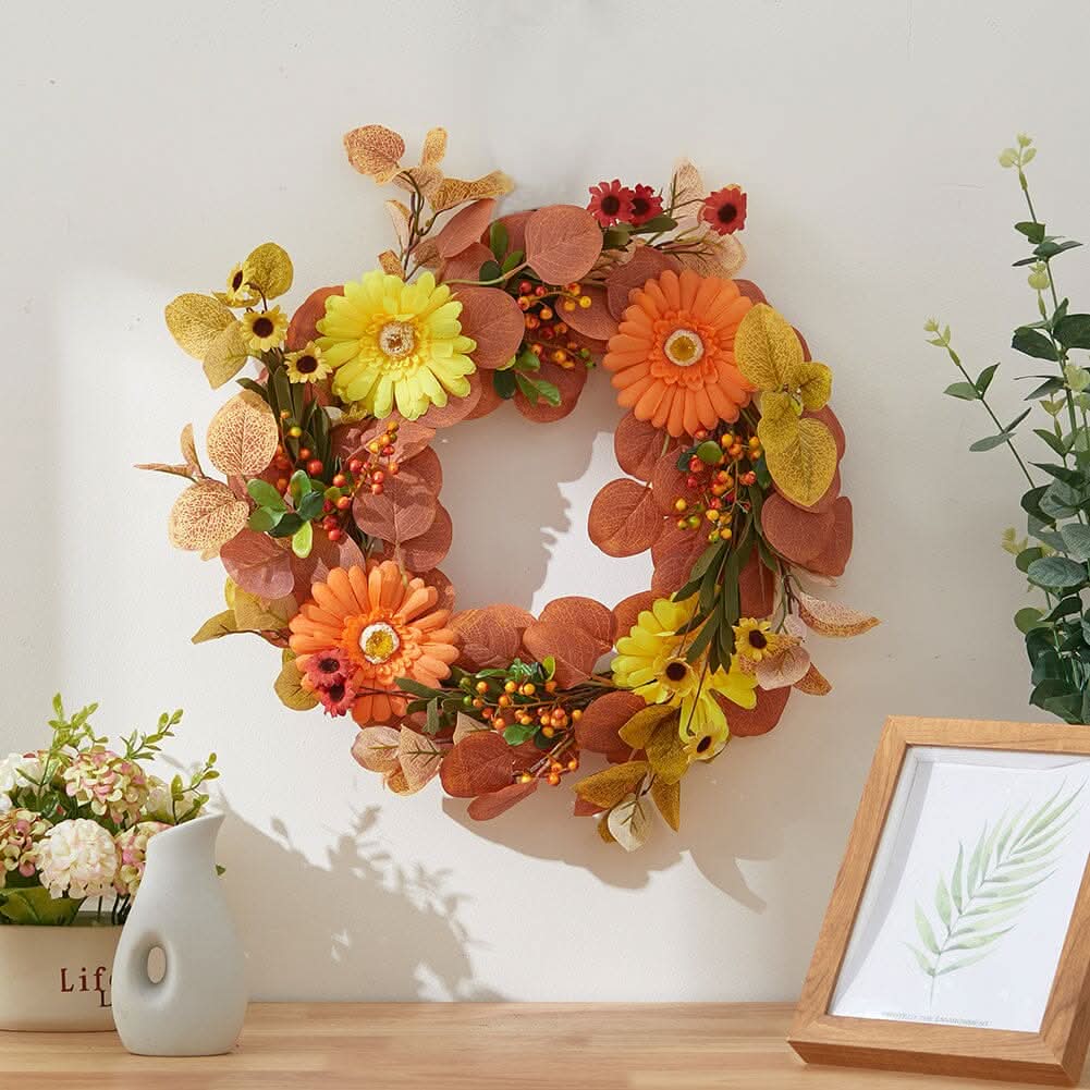 Autumn Maple Leaf & Pumpkin Wreath with Warm Copper Wire Lights – 50cm