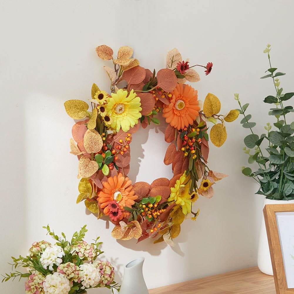 Autumn Maple Leaf & Pumpkin Wreath with Warm Copper Wire Lights – 50cm