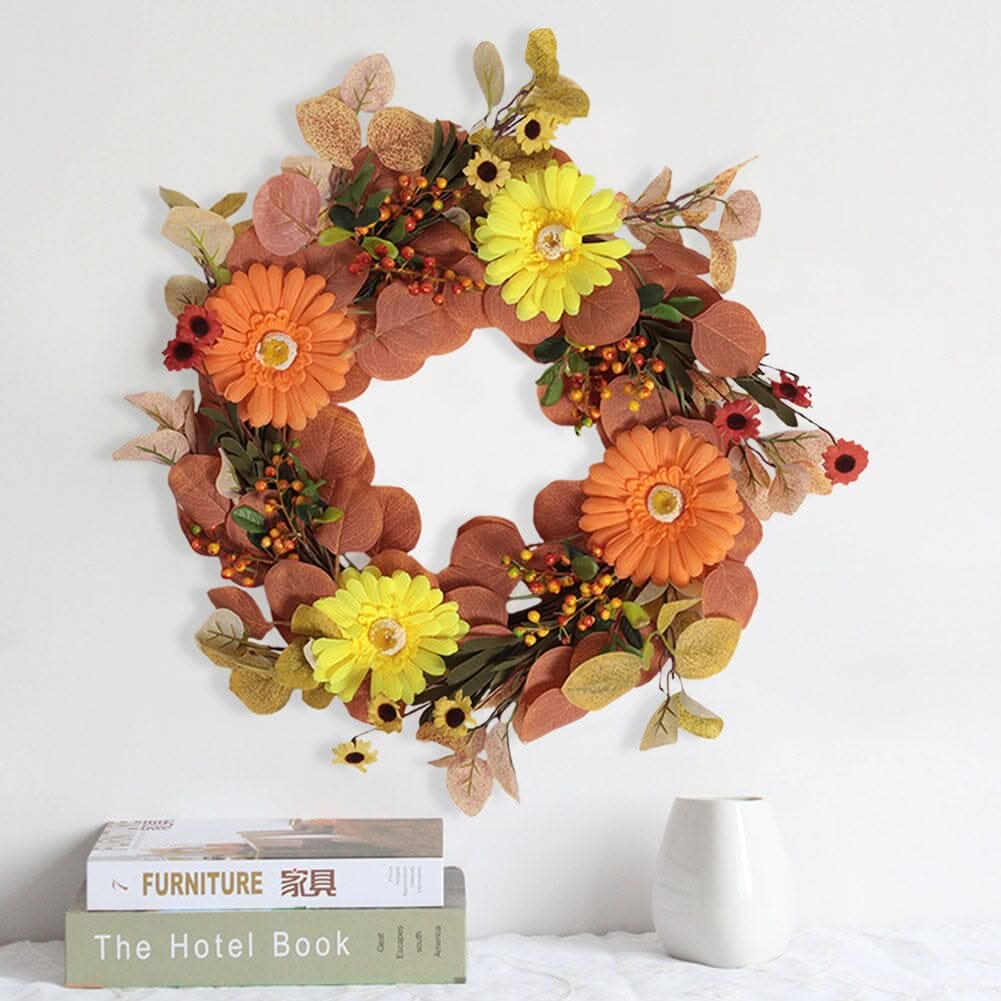 Autumn Maple Leaf & Pumpkin Wreath with Warm Copper Wire Lights – 50cm