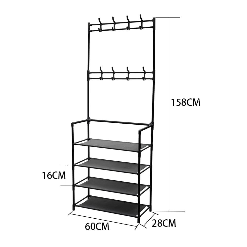 Modern 4-Tier Coat and Shoe Rack with Hooks - Black