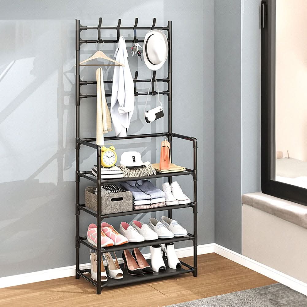 Modern 4-Tier Coat and Shoe Rack with Hooks - Black