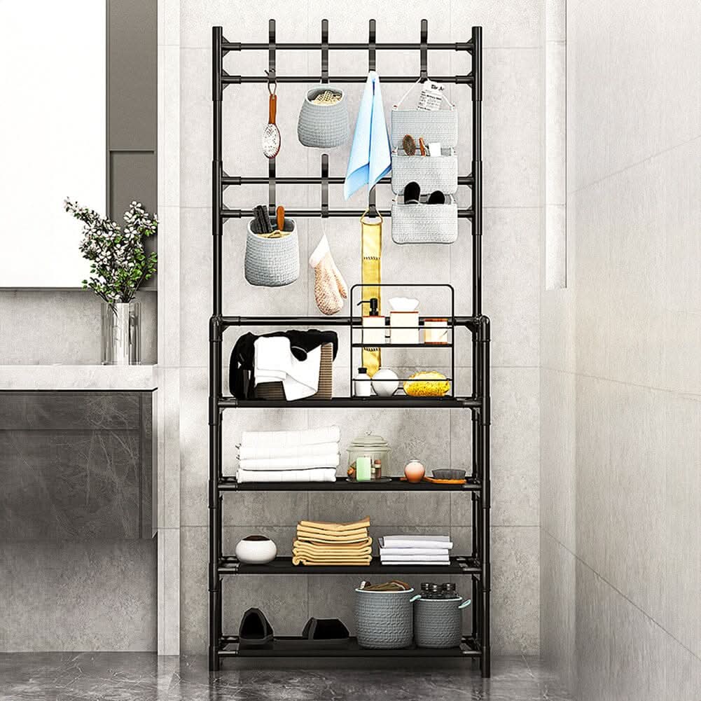 Modern 4-Tier Coat and Shoe Rack with Hooks - Black