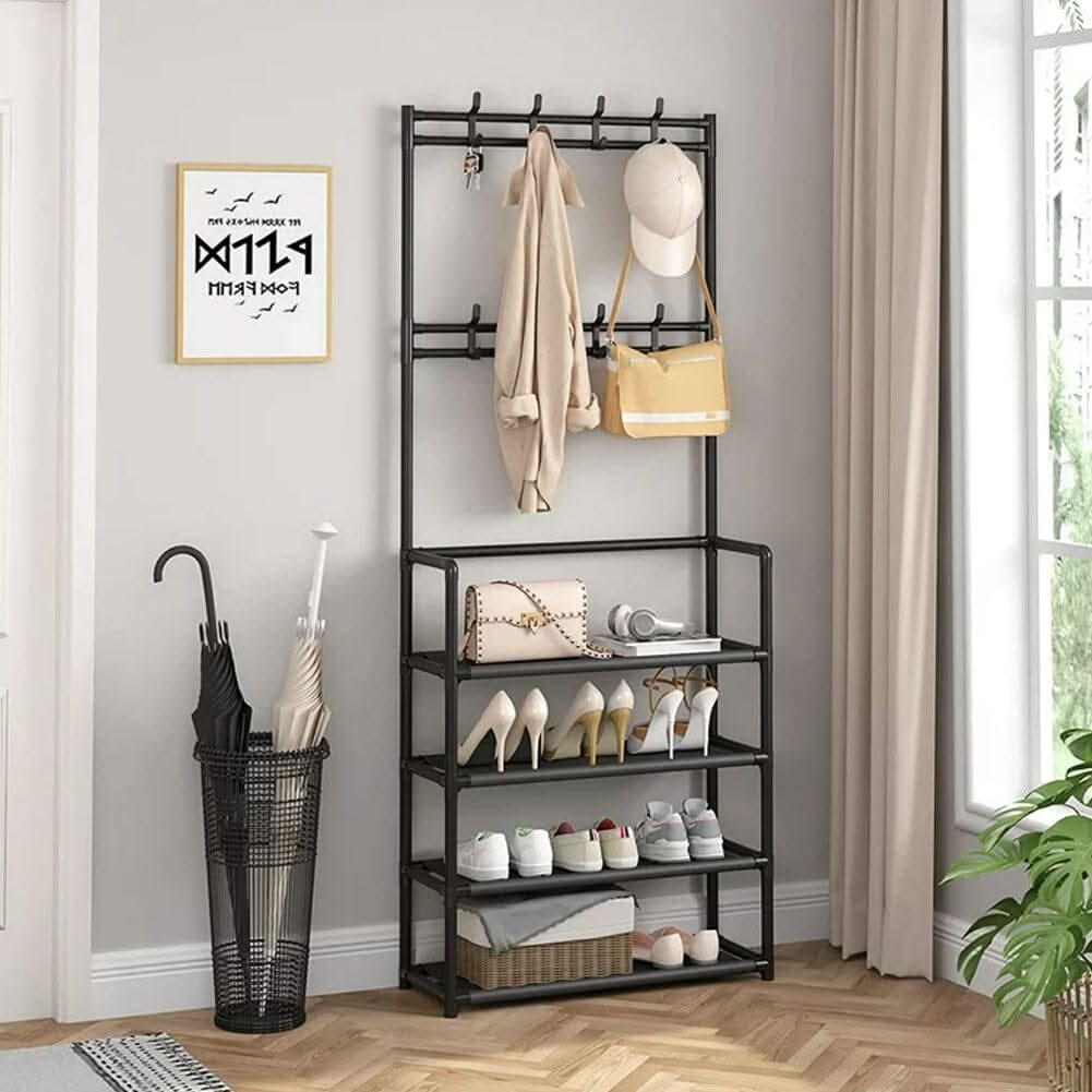 Modern 4-Tier Coat and Shoe Rack with Hooks - Black