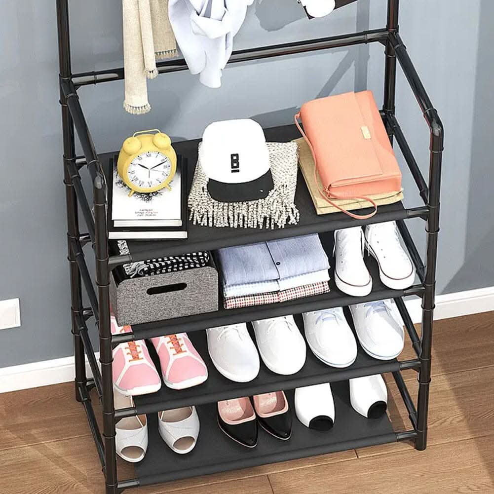 Modern 4-Tier Coat and Shoe Rack with Hooks - Black