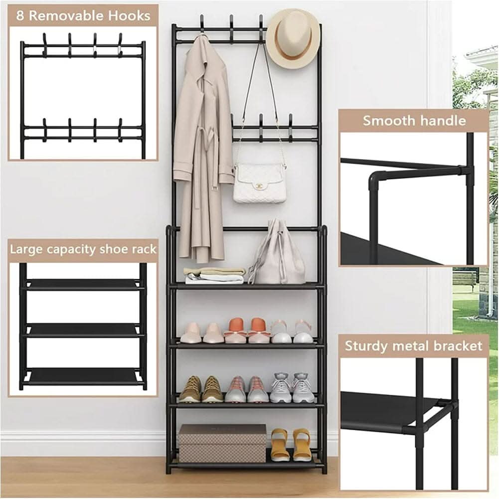 Modern 4-Tier Coat and Shoe Rack with Hooks - Black