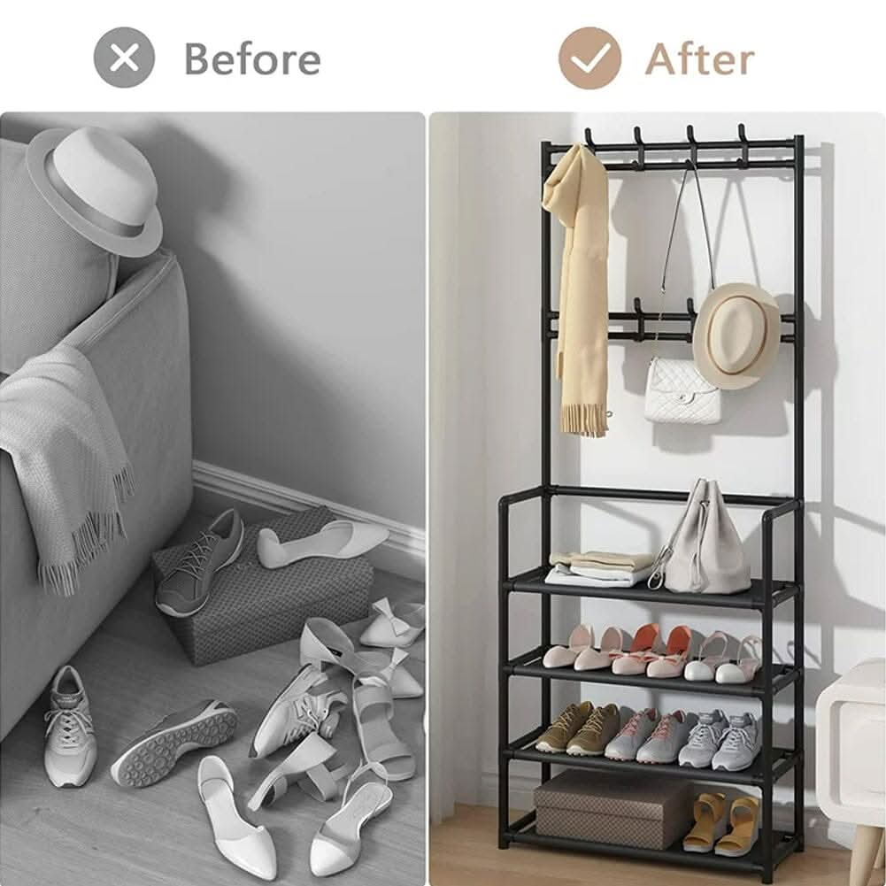 Modern 4-Tier Coat and Shoe Rack with Hooks - Black