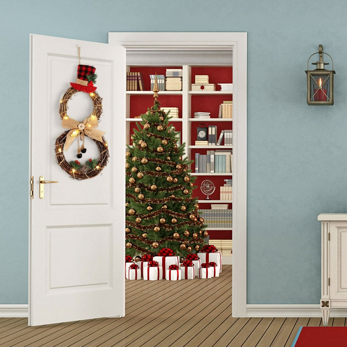 Christmas Snowman Wreath 40x20cm with LED Lights