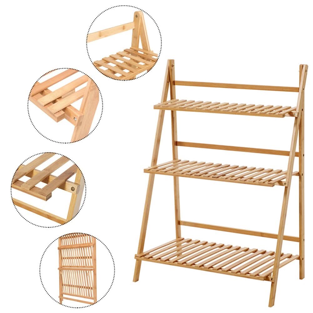 3-Tier Foldable Plant Stand Wooden Ladder Shelf Natural/White