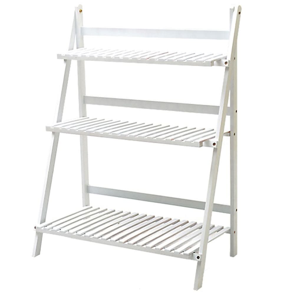 3-Tier Foldable Plant Stand Wooden Ladder Shelf Natural/White