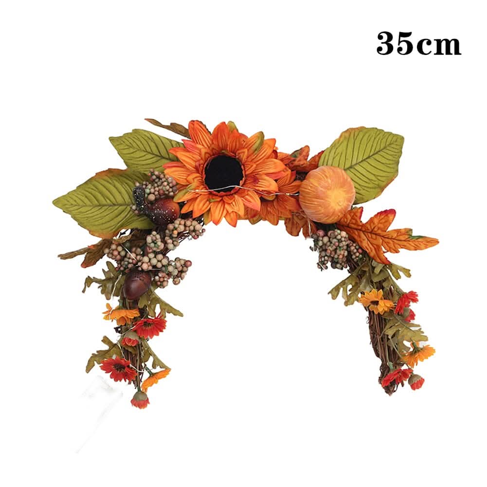 Autumn Sunflower & Chrysanthemum Wreath with Copper Wire Lights – 35cm Harvest Hanging Decor