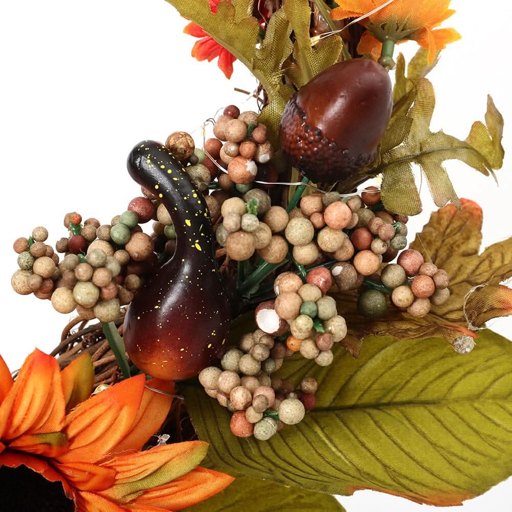 Autumn Sunflower & Chrysanthemum Wreath with Copper Wire Lights – 35cm Harvest Hanging Decor