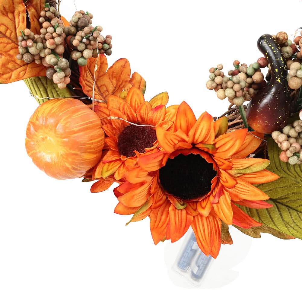 Autumn Sunflower & Chrysanthemum Wreath with Copper Wire Lights – 35cm Harvest Hanging Decor