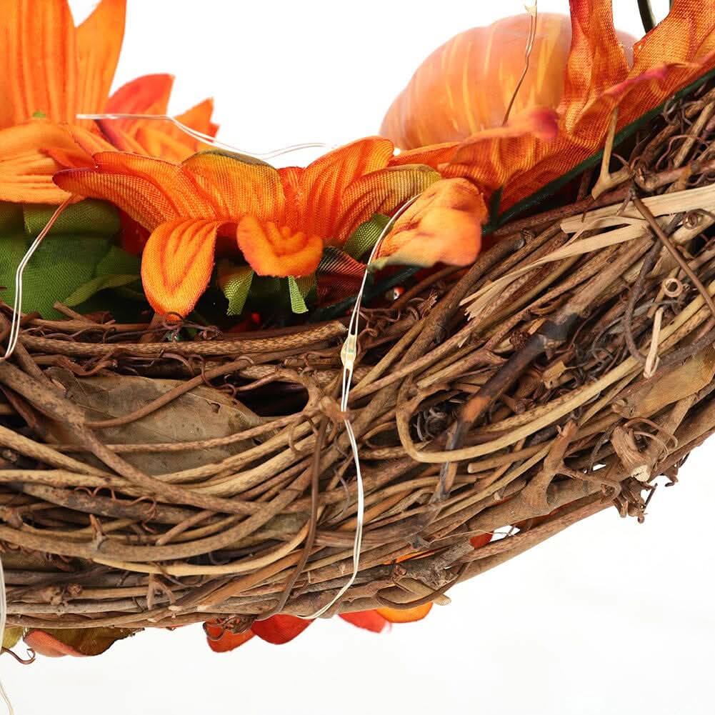 Autumn Sunflower & Chrysanthemum Wreath with Copper Wire Lights – 35cm Harvest Hanging Decor