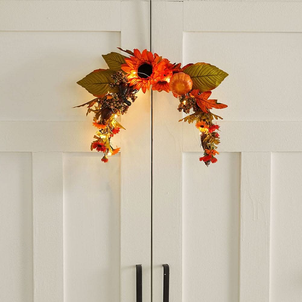 Autumn Sunflower & Chrysanthemum Wreath with Copper Wire Lights – 35cm Harvest Hanging Decor