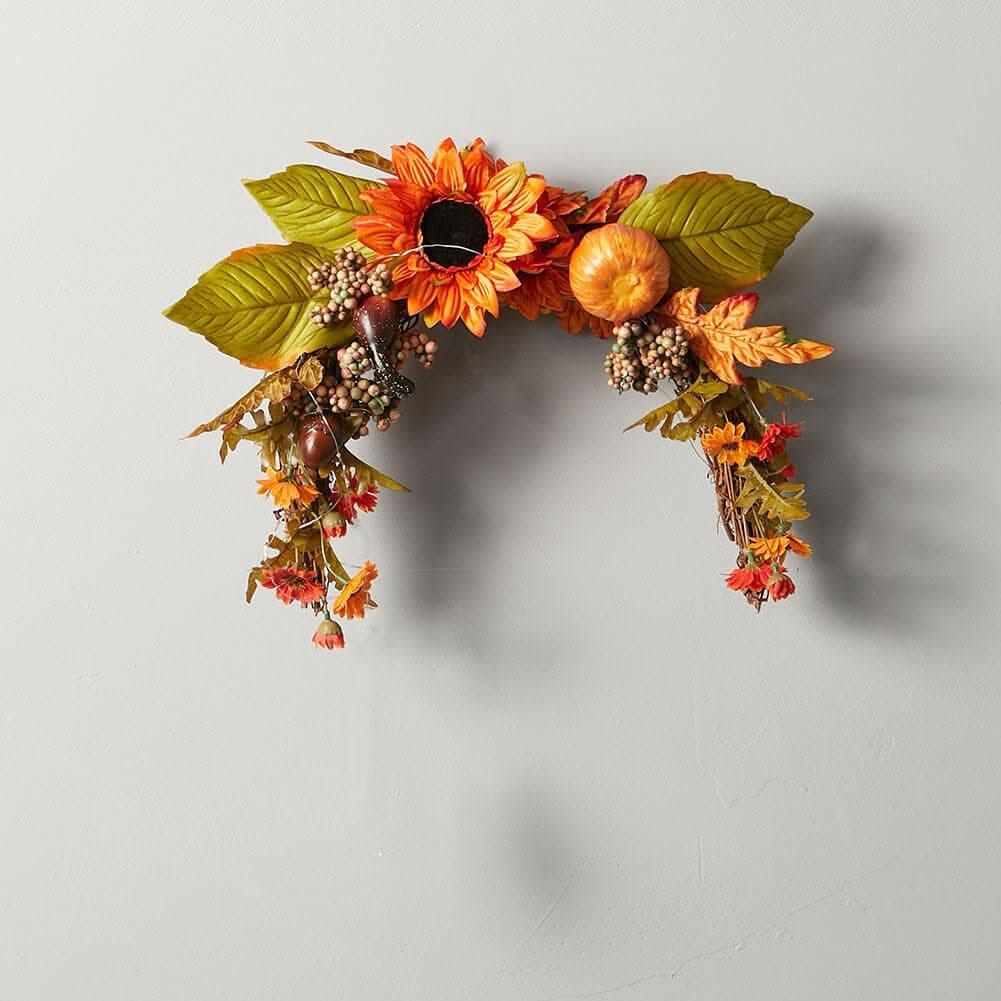 Autumn Sunflower & Chrysanthemum Wreath with Copper Wire Lights – 35cm Harvest Hanging Decor
