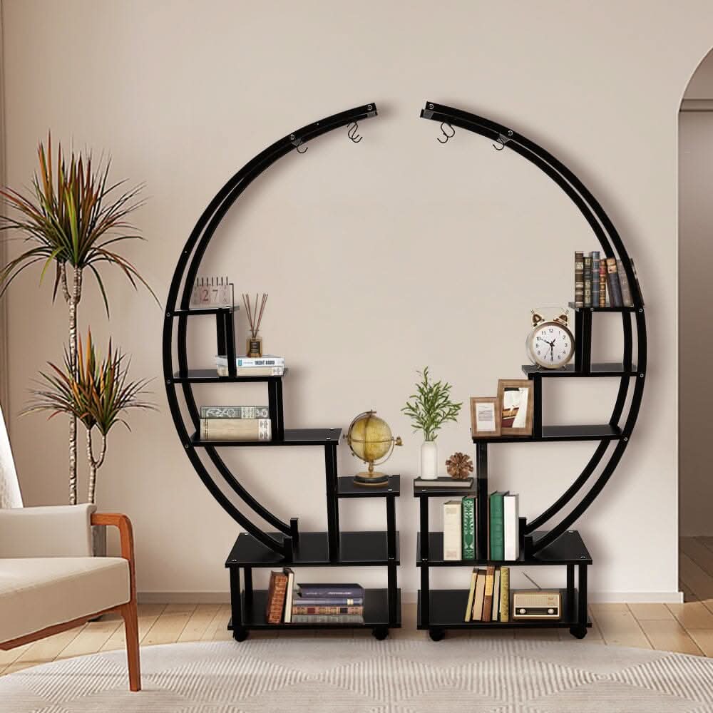 Half-Circle 2-Piece Multi-Tier Plant Stand Set Black Frame Black Shelves with Wheels