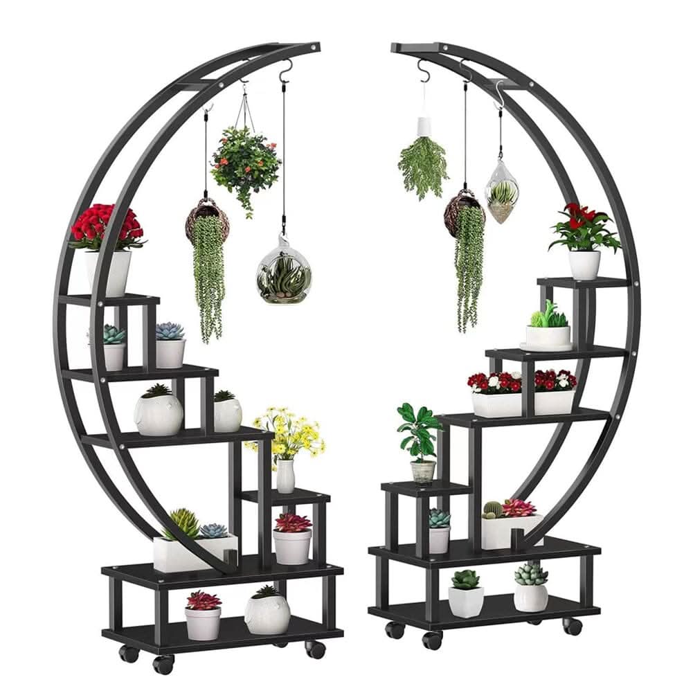 Half-Circle 2-Piece Multi-Tier Plant Stand Set Black Frame Black Shelves with Wheels