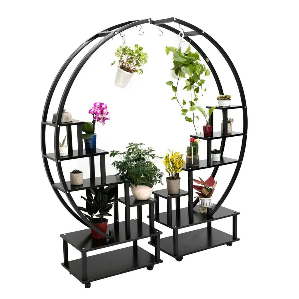 Half-Circle 2-Piece Multi-Tier Plant Stand Set Black Frame Black Shelves with Wheels