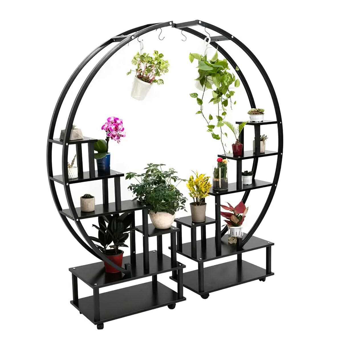 Half-Circle 2-Piece Multi-Tier Plant Stand Set Black Frame Black Shelves with Wheels