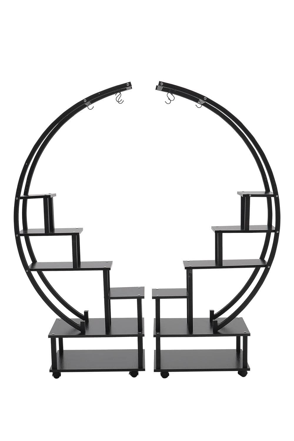 Half-Circle 2-Piece Multi-Tier Plant Stand Set Black Frame Black Shelves with Wheels