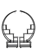 Half-Circle 2-Piece Multi-Tier Plant Stand Set Black Frame Black Shelves with Wheels