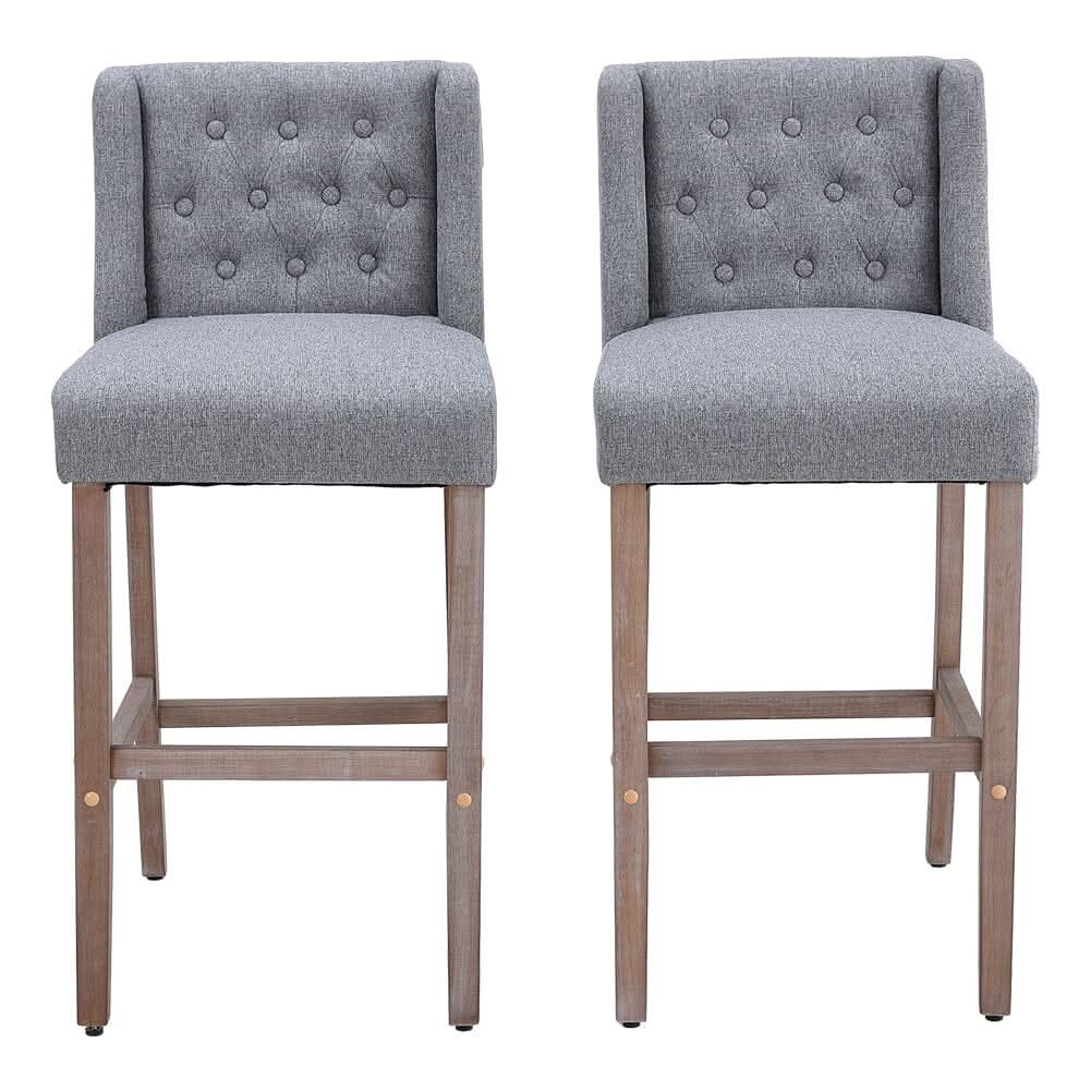 Set of 2 Hight Bar Stools Linen Upholstered with Wood Legs